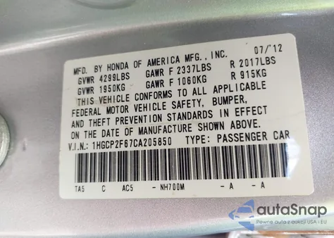 2012 Honda Accord 2.4 Se from USA, damaged, VIN 1HGCP2F67CA205850